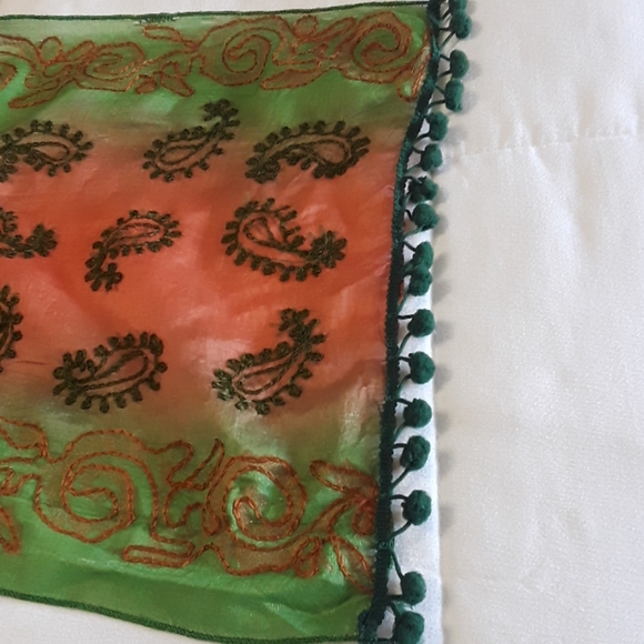 Embroidered Scarf 14"X70" Green & Salmon Ball Frin - Picture 6 of 8